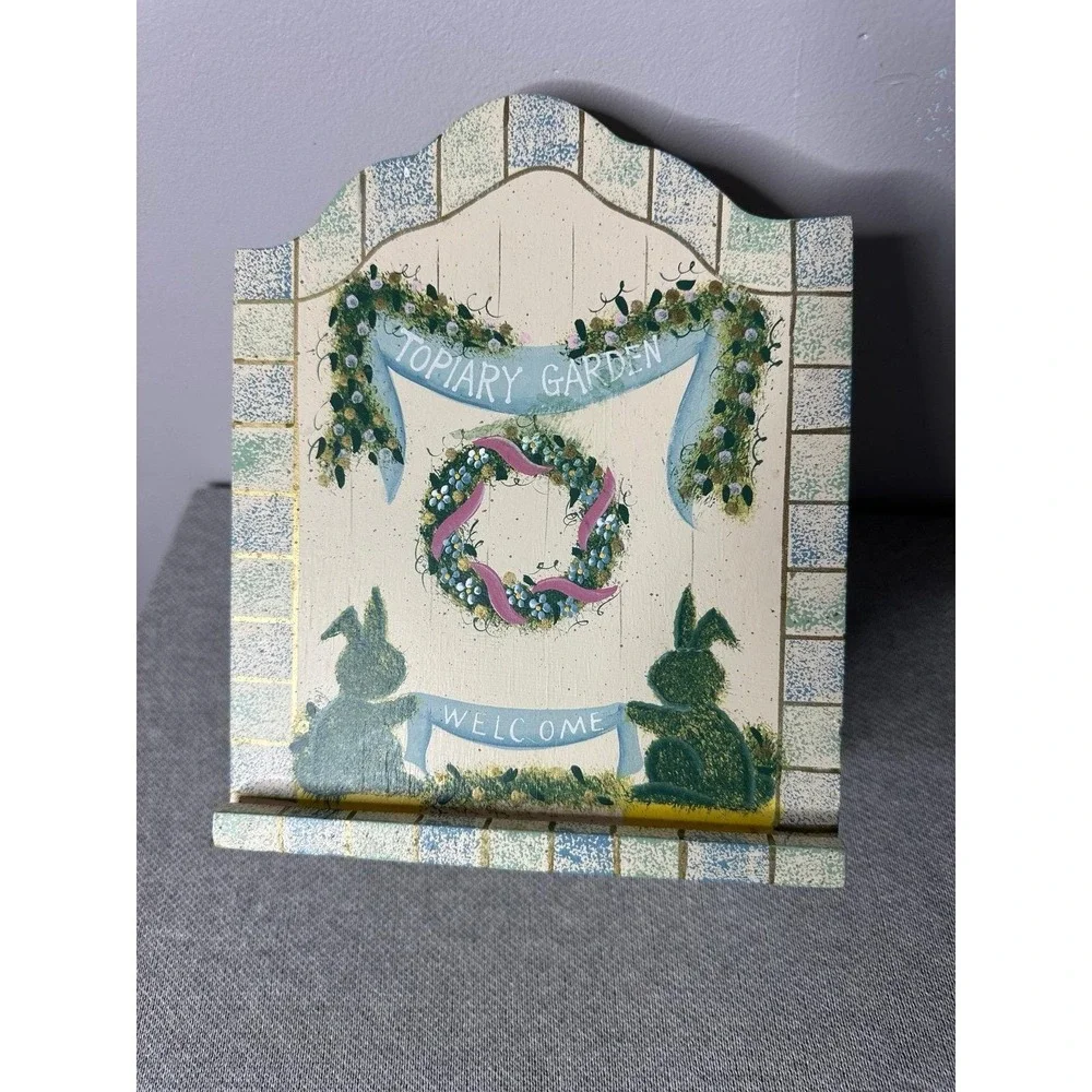 VTG Wooden Recipe Box Card Storage Holder Topiary Garden Flowers Bunnies 90s